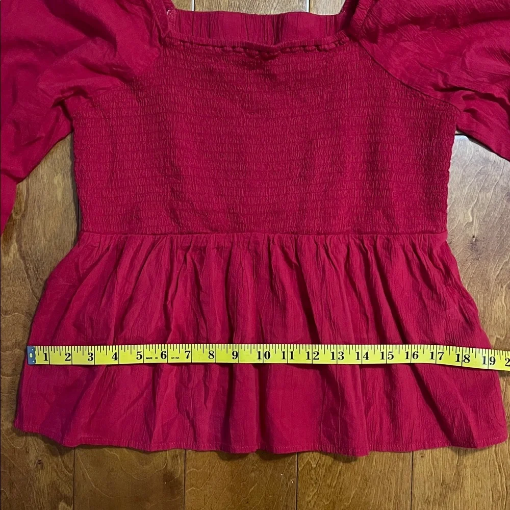 Old Navy Smocked Peplum Top Large Red Boho Festival Cottagecore Long Sleeve